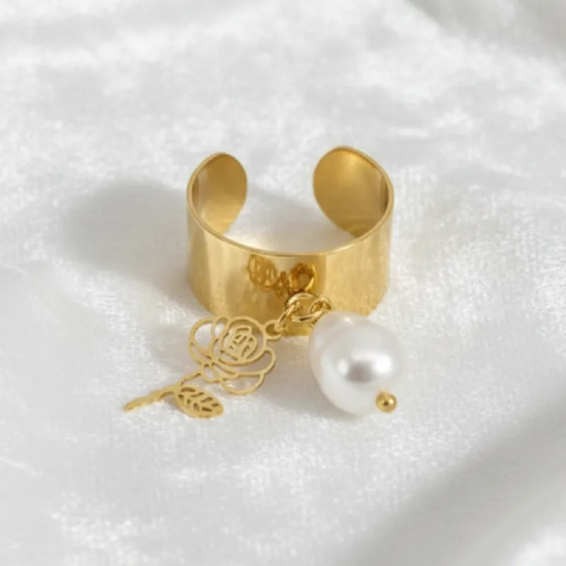 Δαχτυλίδι Ατσάλι Επιχρυσωμένο με Τριαντάφυλλο και Μαργαριτάρι